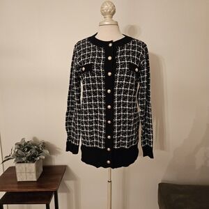 Black & Cream Check Knit Cardigan Crew Neck Hold Buttons Size Medium Ladies